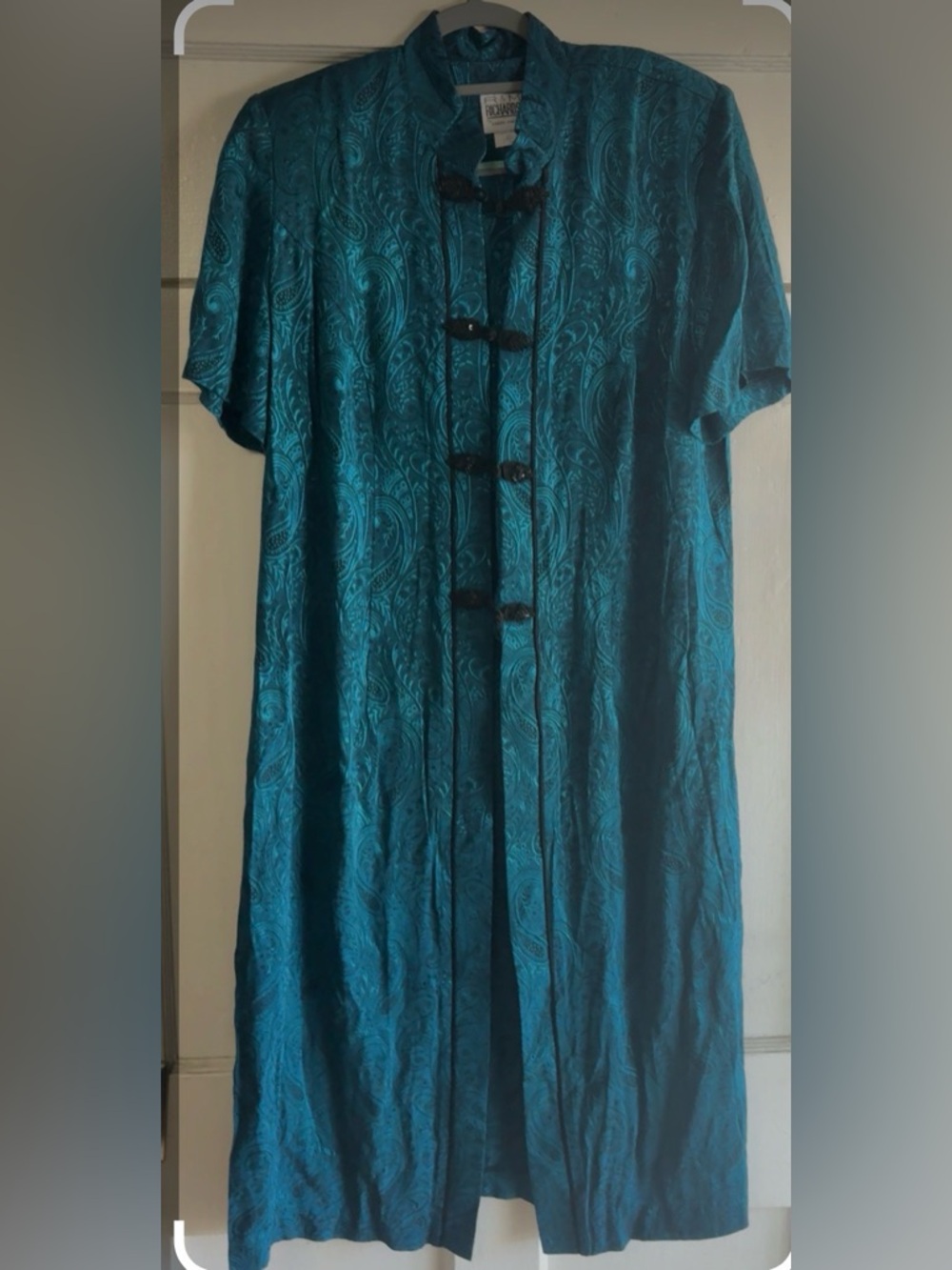 Vintage R&M Richards by Karen Kwong Teal Paisley Duster Jacket size 16 frog clos